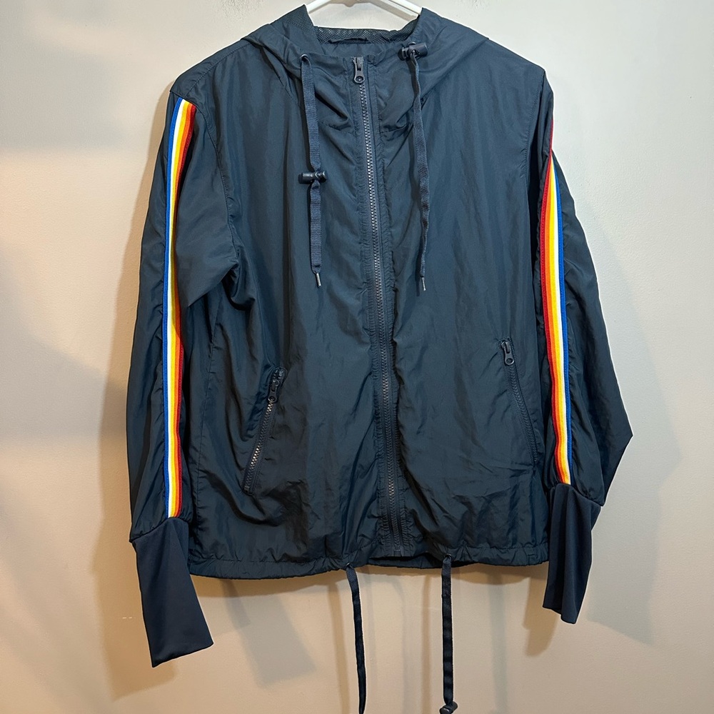 ZYIA Active Womens Bomber Jacket Size S Navy Rainbow Stripe Windbreaker Hoodie